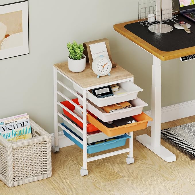 GOFLAME 6-Drawer Rolling Storage Cart, Craft Storage Cart with Wooden Tabletop and Lockable Wheels, Art Cart Supply Storage Organizer with Metal Frame for Home Office Classroom, Macaron Color