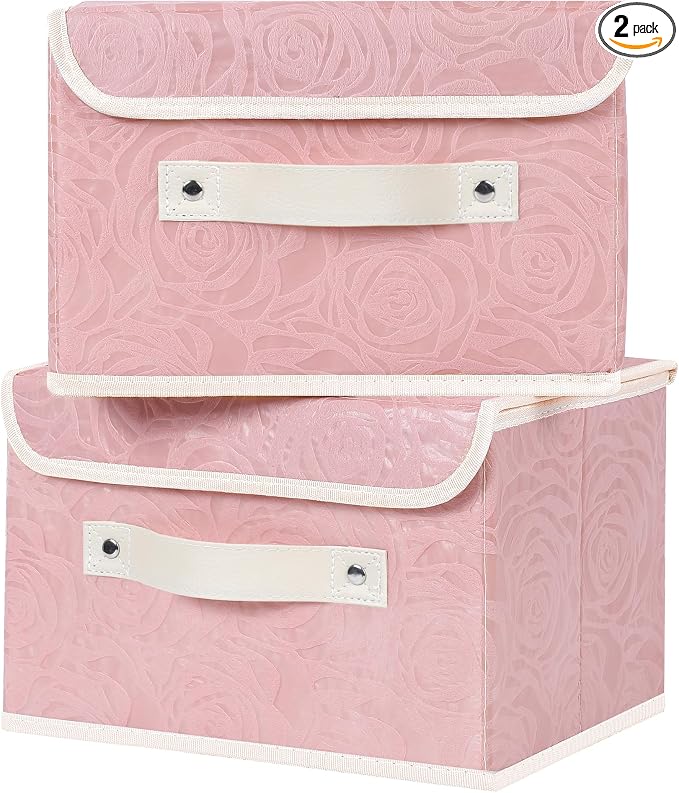 ANMINY 2PCS Fabric Storage Bin with Lid Rose Print Box Basket with PU Leather Handles Washable PP Plastic Board Decorative Foldable Lidded Shelf Cubes Closet Organizer Container - Pink, Small Size