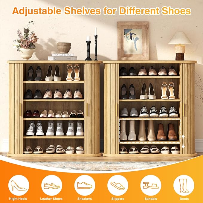UNIQUITE Shoe Storage Cabinet with Sliding Doors, 5-Tier Wood Shoe Cabinet for Entryway, Adjustable Shelves Freestanding Shoe Organizer with Gold Handle for Hallway, Living Room, Natural