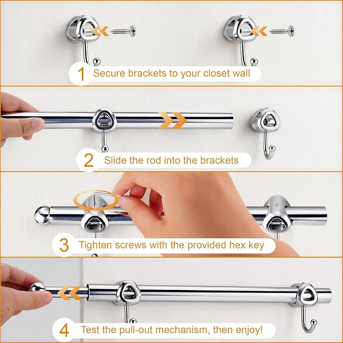 14" Valet Rod for Closets Pull Out, Closet Valet Rod Slide Out with 2 Hooks, Chrome