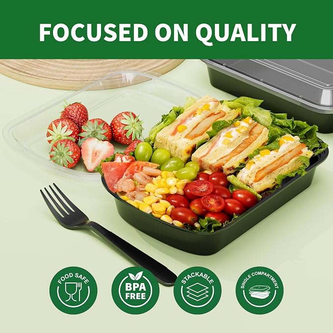 38oz Heavy Duty Meal Prep Containers, 52 Pack 1 Compartment with Lids | BPA Free Disposable Plastic Food Storage Boxes, Microwave Freezer Dishwasher Safe for Lunch, Leftovers, Restaurant Takeout