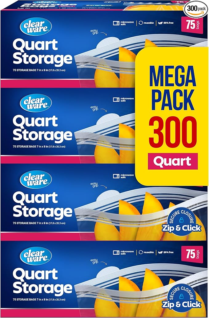 Double Zipper Storage Bags - Quart Size - 300 Count, (4 Packs of 75), Reusable Thick Food Storage Bags - Microwave-Safe, Zero BPA - Resealable Containers for Lunch, Snacks, Meals