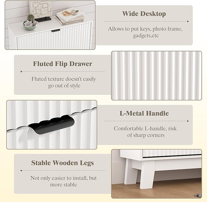 HUANLEGO Shoe Cabinet Storage for Entryway with 2 Flip Drawers, Fluted Narrow Shoe Organizer with Wooden Legs, Freestanding Slim Shoe Storage Hidden Shoe Rack Organizer for Front Door Entrance, White