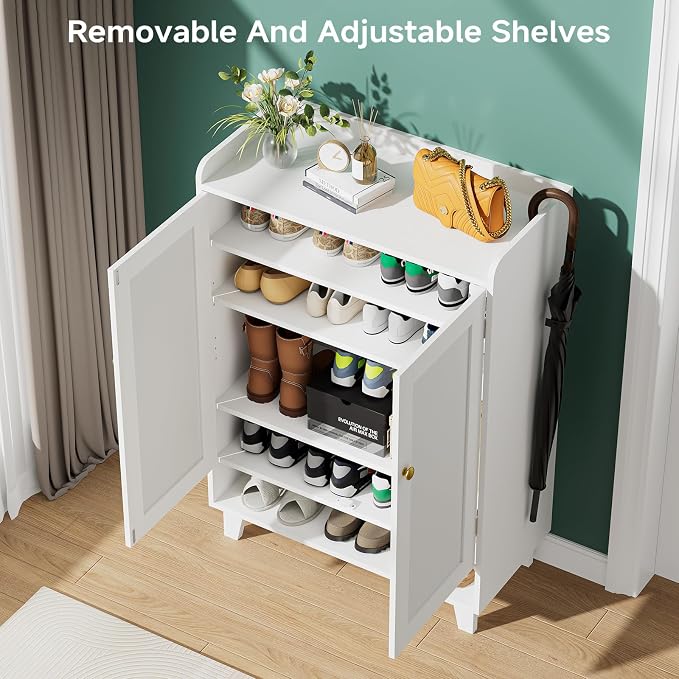 Flat-Shelf Shoe Cabinet with Doors，6-Tier Shoes Storage Cabinet with Adjustable Shelves，Wooden Shoe Rack Shoes Storage Organizer Cabinets for Entryway, Hallway, Living Room