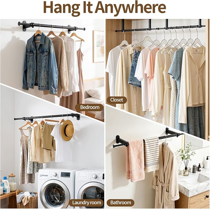 Luxspire Wall Mounted Clothes Rack, Industrial Pipe Clothing Rack, 28" Heavy Duty Extendable Iron Garment Bar, Multi-Purpose Hanging Rods for Clothes Bedroom, Laundry Room, Closet 1 Pack, Black