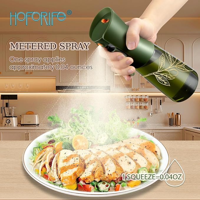 Glass Olive Oil Sprayer for Cooking 7.5 oz (Olive Green & Gold) | Oil Mister, Kitchen Refillable Continuous Oil Spray Bottle for Air Fryer, Portion Control, Leak Proof