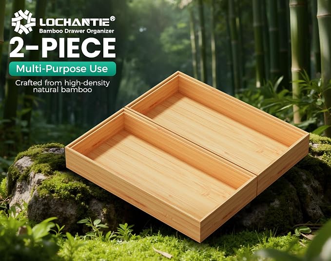 Bamboo Kitchen Drawer Organizer Boxes 12" x 6" Stackable Wooden Organizers | Set of 2 Wood Silverware Utensil Tray for Drawers Bins, Cutlery & Flatware Storage for Junk Drawer, Bathroom, RV