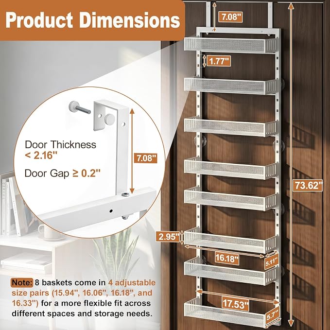 Over the Door Pantry Organizer, 8-Tier Heavy-Duty Door Spice Rack with Mesh Baskets, Height Adjustable & Anti-Swing Design, Pantry Door Organizers and Storage for Kitchen, Bathroom
