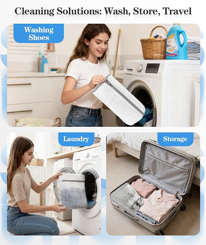 3-IN-1 Laundry & Shoe Washing Machine Bag : Laundry Shoe Bag for Washer & Dryer,Shoe Cleaning Bag for Sneakers,Tennis,Self-locking Zipper & Microfiber,Include 3 Laundry Bag & 2 Shoe Bag