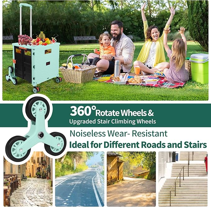 SELORSS Foldable Utility Cart Collapsible Crate Rolling Carts with Stair Climbing Wheels Rolling Tote Basket Teacher Cart with Lid Wear-Resistant 360°Rotate Wheel Noiseless for Shopping Grocery Office