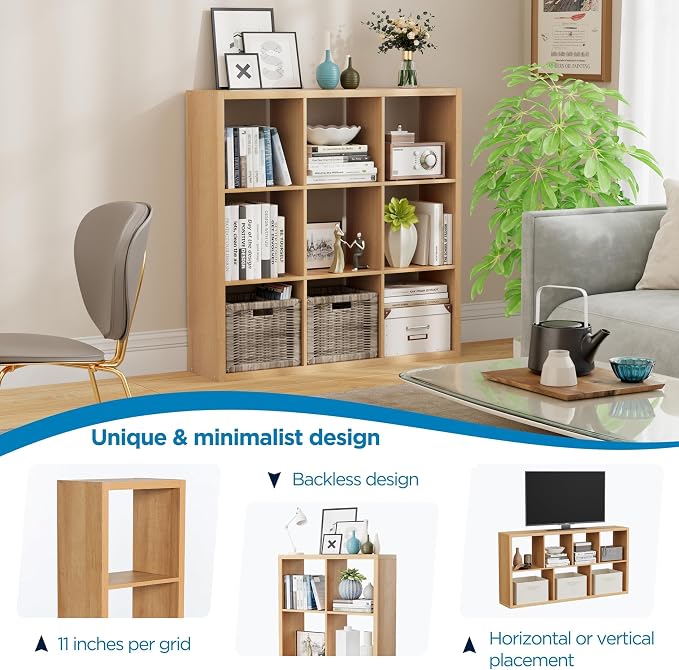 9-Cube Storage Organizer, Wooden Cube Shelf Bookcase with Reinforced Thick Shelves, Heavy-Duty 36.93" L x 9.37" W x 36.93" H, for Living Room Bedroom Home Office, Natural-Oak
