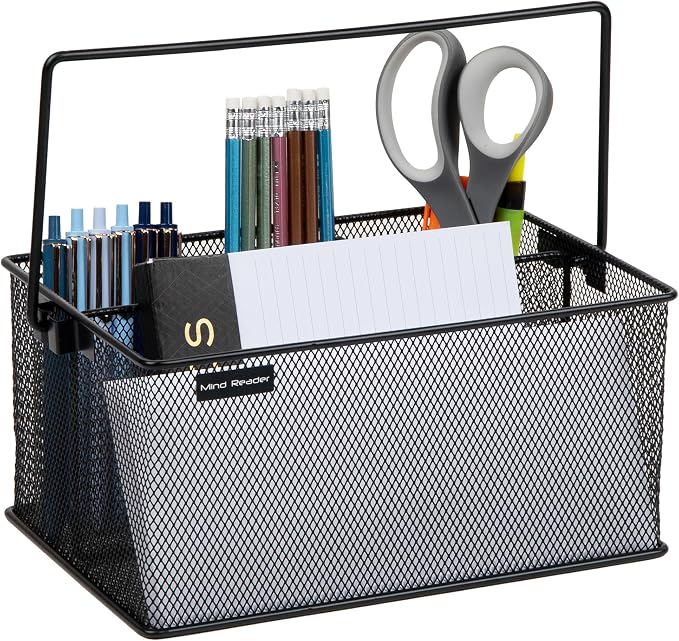 Mind Reader Multi-purpose Storage Caddy with Handle, Desktop Organizer, Cutlery Holder, 4 Compartments, Metal Mesh, Black