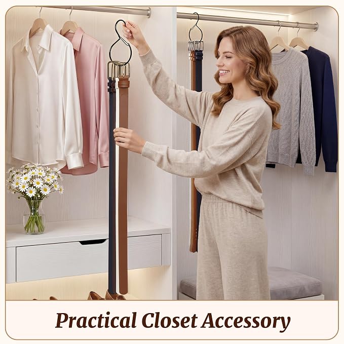 MEILIDY Metal Belt Hanger with Safety Buckle for Closet, Black, 4 Pcs | Compact Belt Rack, Easy to Hang, Fits for Belts, Ties, Jeans, Scarves, Hats, Purses, Jewelries, Cords, Carabiners