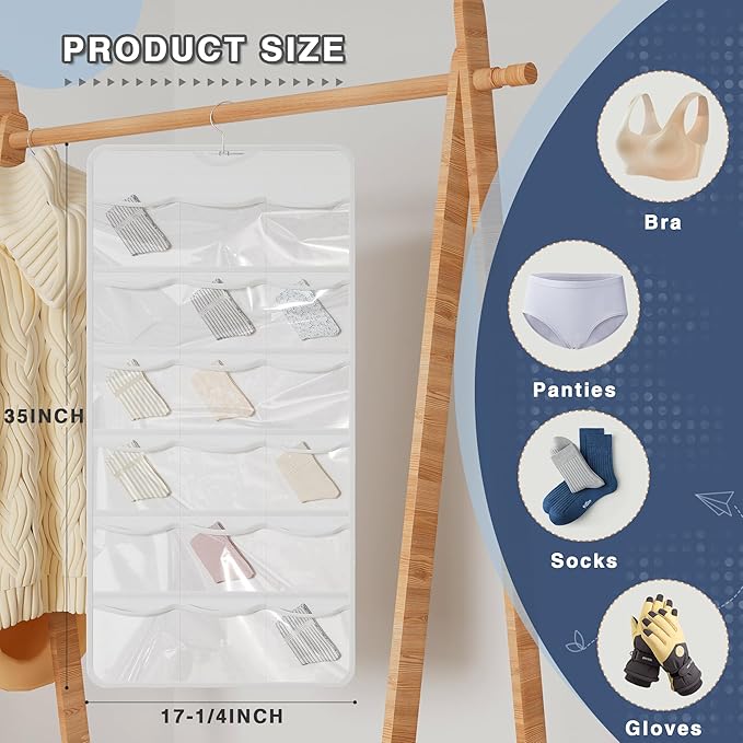 26-Pocket Hanging Organizer for Socks, Underwear, Bras, and Leggings, Dual-Sided Closet Storage for Lingerie and Kids’ Clothing, White