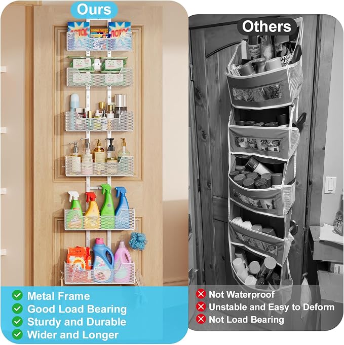 Hongtamoya Over The Door Organizer, Metal Hanging Door Organizer with 6 Adjustable Baskets and 5 Hooks, Behind The Door Storage for Closet Cabinet Kitchen Bathroom Bedroom Pantry Door Organizer, White