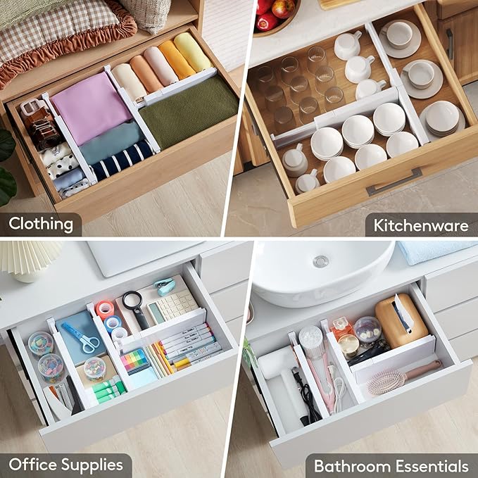 Lifewit 18 Pack Drawer Dividers 4" High 28-43.5cm/11-17" Adjustable Drawer Organizer for Clothes/Utensils, Expandable Drawer Separator in Dresser/Kitchen/Bedroom/Office Organization & Storage White