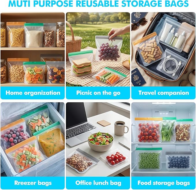 20Pack Reusable Freezer Bags,Leakproof Reusable Food Storage Bags BPA Free Healthy Food Storage Contaizers, Gallon Freezer Bags for Meal Prep Food Storage Home Fridge Kitchen Organization