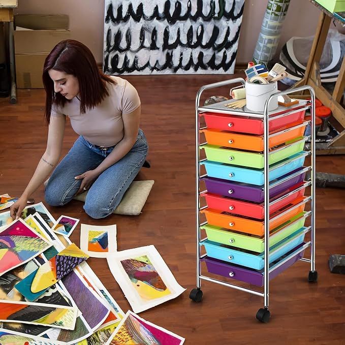 LDAILY 20-Drawer Rolling Storage Cart, Rolling Storage Cart, Storage Organizer on Wheels, Metal Frame, Scrapbook Paper Tools, Suitable for Office School, Classroom (Multicolor, 10 Drawer)