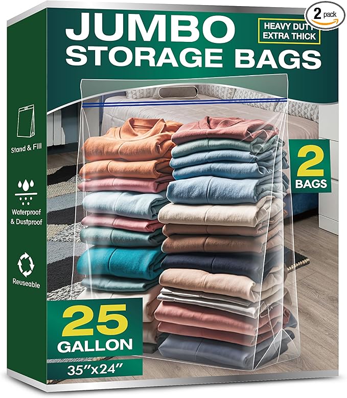 25 Gallon Jumbo Storage Bags, 3.5 Mil Thick Clear Plastic Zipper Bags with Handles, 35" x 24" Extra Large XL Heavy Duty for Home, Travel, and Moving (2 Packs)