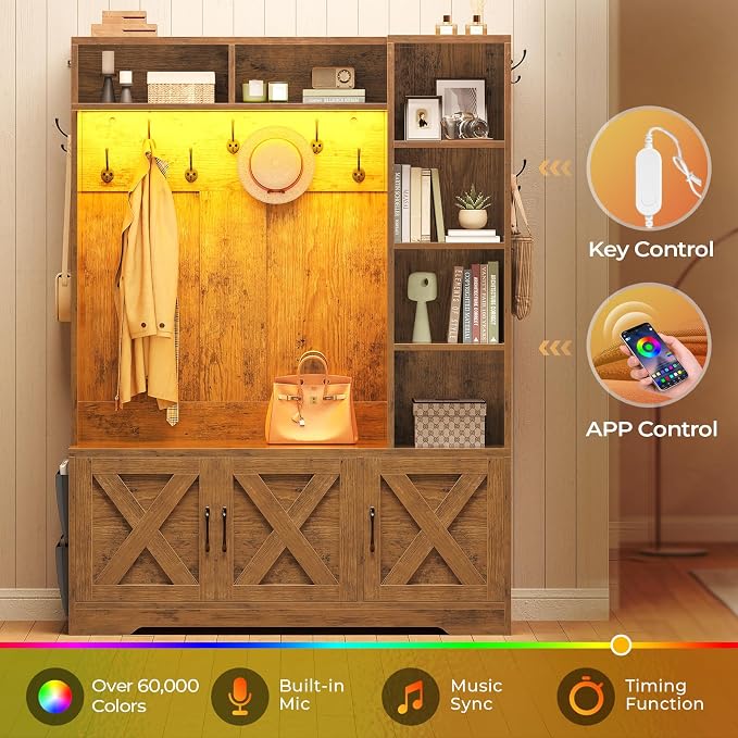 Itaar Hall Tree with Bench and Shoe Storage, Farmhouse Entryway Bench with Coat Rack, Shoe Cabinet with Adjustable Shelves, 6 Storage Cubbies, 10 Coat Hooks, Storage Bag, Led Lights, Rustic Brown