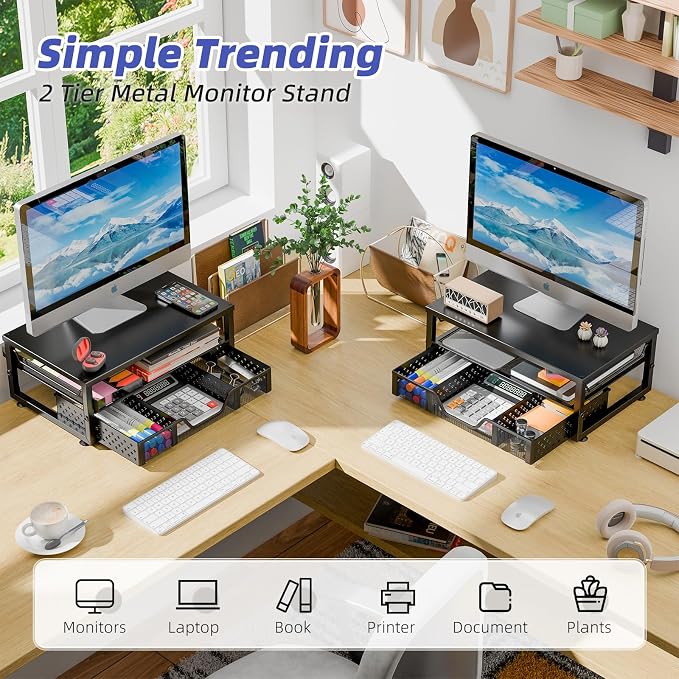Simple Trending Desk Organizer and Accessories, 2-Tier Computer Monitor Stand Riser with Drawer, Office Desk Accessories & Workspace, Laptop & Printer Stand for Desktop, Black