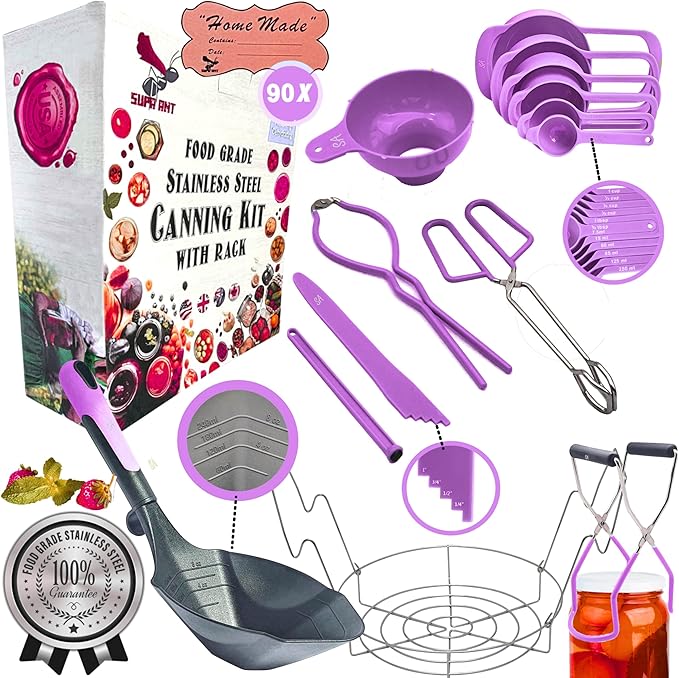 Supa Ant Canning Supplies Starter Kit- Canner Accessories with Canning Rack for Jars, XL Ladle,Wide Mouth Jar Funnel,Jar Lifter and Wrench,Bubble Popper/Measurer,Lid Lifter,Kitchen Tongs (Lavender)