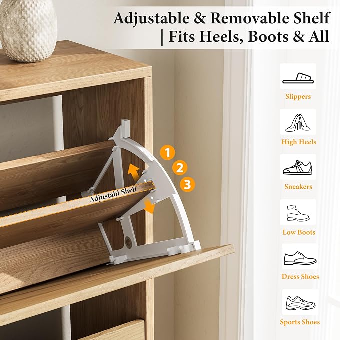 Nicetree Shoe Cabinet Storage for Entryway, 2-Flip Drawer Narrow Shoe Rack with 3-Level Adjustable Shelves, Slim Wood Storage Cabinets for Small Spaces Luminous Natural Oak