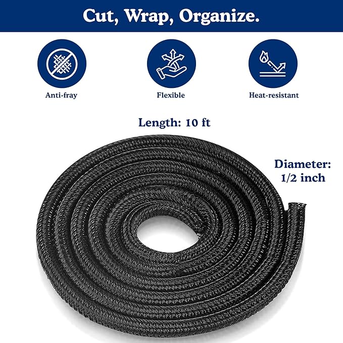 Cable Management Sleeve & Cord Organizer for Desks - Wire Management Cover to Conceal & Protect Messy Cables for Computers, TV & Electronics - 10 ft x 0.5"