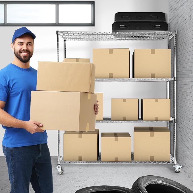 Rengue 60" W Storage Shelves with Wheels 4-Tier Heavy Duty Wire Shelving 72" H x 24" D Large Metal Storage Rack with Adjustable Garage & Pantry Shelves, 3200 LBS Commercial Grade, Chrome, Silver