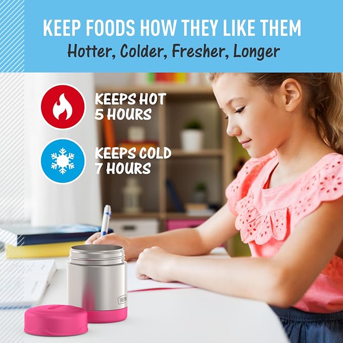 THERMOS FUNTAINER Kids Food Jar, 10oz, Pink | Kid-Friendly Stainless Steel Insulated Food Container, Keeps Food Hot or Cold Longer for School & Play, BPA Free