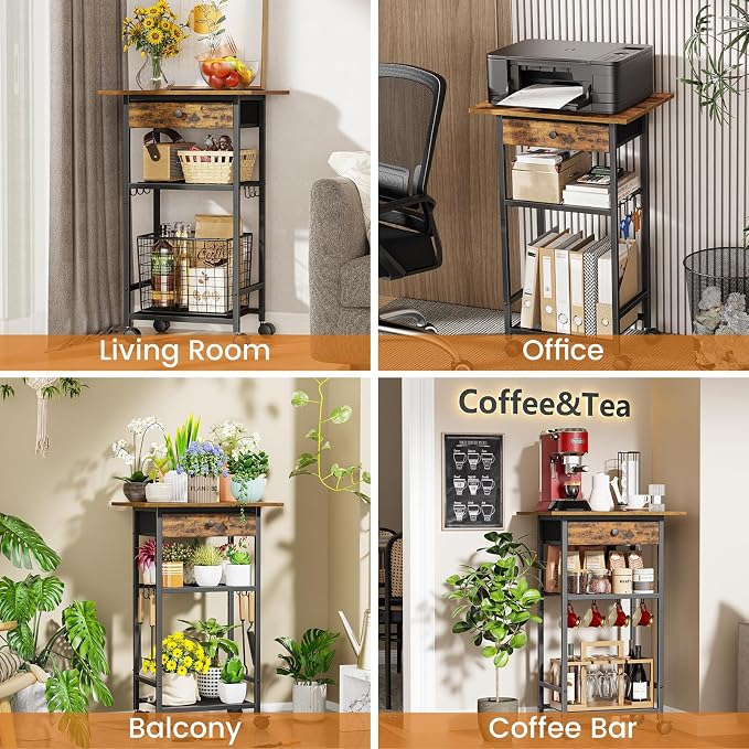 Microwave Cart, 4-Tier Microwave Stand with Adjustable Shelf | Kitchen Storage Cart on Wheels, Coffee Bar Cart Shelf for Living Room, Kitchen Island, Office, Balcony, Rustic Brown