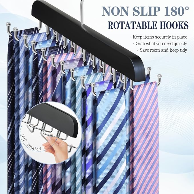 1PC Tie Rack Organizer, Tie Hanger for Closet with 20 Foldable Hooks, Black | Non Slip Neck Tie Organizer, Large Capacity, Space Saving, 360° Rotating Hook, Fits for Tank Tops Bras Cami Scarves