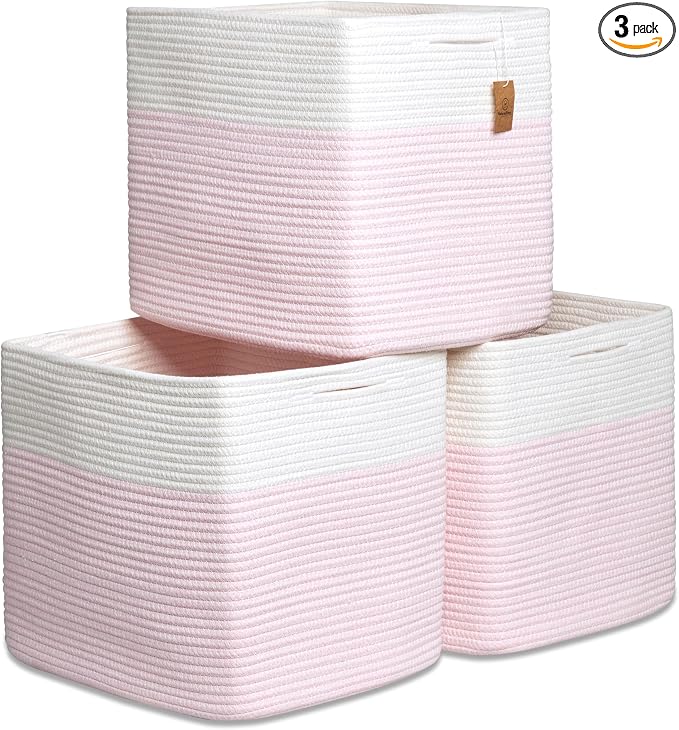 NaturalCozy 13x15x13 Kallax Storage Cubes, 3 Pack | Cotton Rope Cube Storage Bins Woven Baskets for Organizing | Kallax Insert Baskets for Shelves Organizer, Kids Toy, Pantry, Closet, Baby Nursery