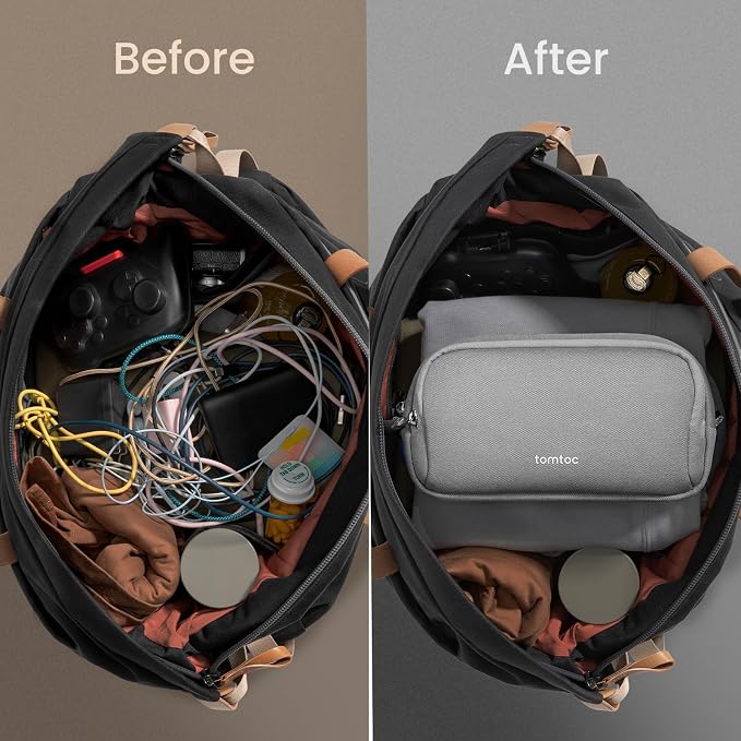 tomtoc Electronic Organizer Travel Case, Dual Compartment Tech Organization | Water Resistant Cable Pouch Storage Bag for Charger, Cord, Phone, Hard Drive, Power Bank, Accessories Travel Essentials