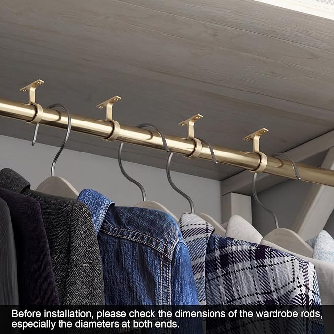 LEIFIDE 4 Pcs 1 5/16 Inch Diameter Round Wardrobe Closet Rod Suspended Center Support with Installation Screws Curtain Closet Rod Ceiling Mount Bracket for Home Wardrobe (Matte Brass)
