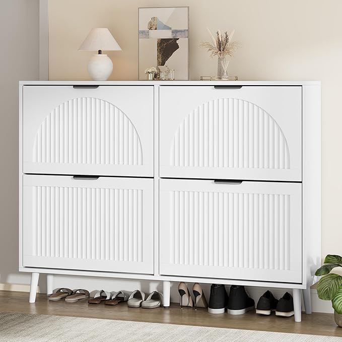 Shoe Storage Cabinet with 2 Flip Drawers, Narrow Wood Shoe Organizer Cabinet, Slim Freestanding Fluted Shoe Cabinet for Entryway, Living Room, Hallway (White, 4-Drawers)