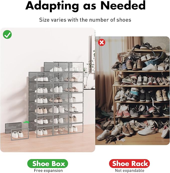 Foluck Shoe Storage Box, 15 Pack Clear Plastic Stackable Organizer for Closet, Interlocking Design Shoes Container Bins for Sneakers, Foldable Shoe Rack with Lids, Grey