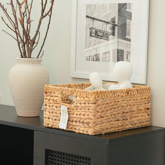 KOKODO 15”L x 11”W Large Rectangular Water Hyacinth Wicker Storage Basket with Handles, Metal Frame and Chalkboard Label, Handwoven Bin for Space-Saving Room Organization