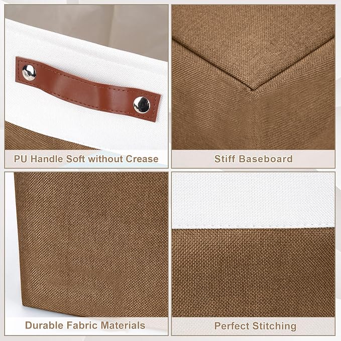 Bagnizer 13x13 Cube Storage Bins, Collapsible Fabric Storage Box, 4 Pack Closet Baskets with Handles for Organizing, Shelf, Toys, Clothes, Home, Office, Nursery (Brown&White)