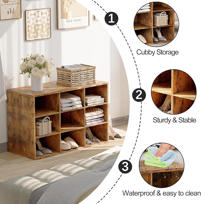 9-Cubby Shoe Rack, Wood Shoe Organizer Bench for Entryway Hallway Closet | Wood