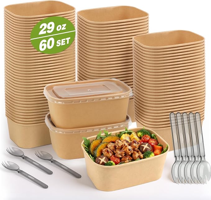60 Packs 29oz Disposable Meal Prep Containers with Lids, Leak-Proof Microwave/Freezer Safe Food Prep Containers with Utensils & Labels, Sturdy Kraft Paper Bowls for Weekly Meal Prep, Lunch & Leftovers