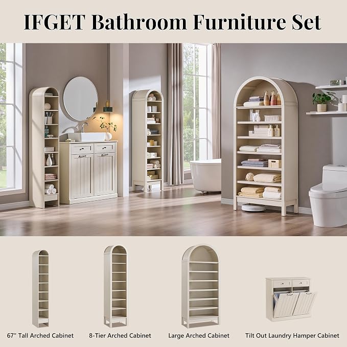 IFGET 71" Tall Arched Shoe Storage Cabinet, 7 Tiers 28 Pairs Wooden Shoe Rack with 3 Adjustable Shelves, Freestanding Shoe Closet Shelf Organizer for Entryway, Hallway, Living Room (Cream)