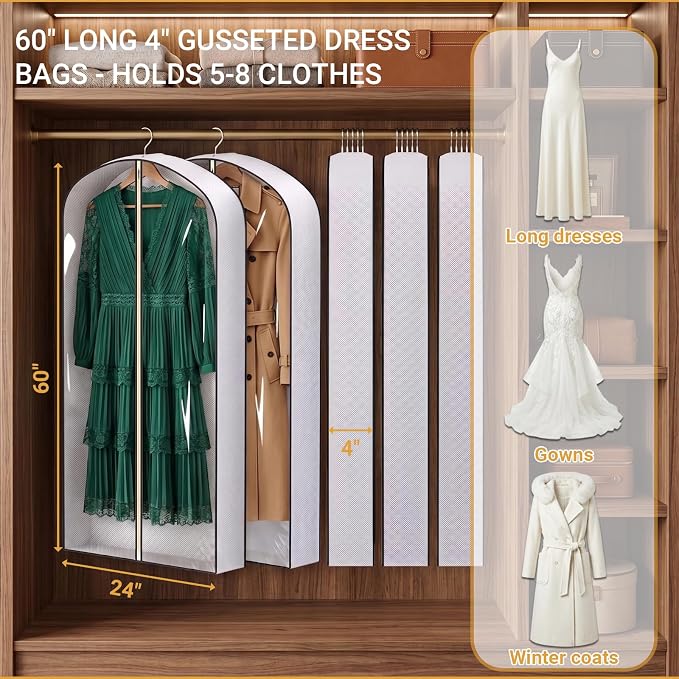6 Pack 60" Clear Garment Bags for Hanging Clothes,4" Gusseted Suit Bags for Closet Storage Non-woven Back,Long Hanging Clothes Storage Suit Cover Bags with Zipper for Coats,Jackets,Shirts