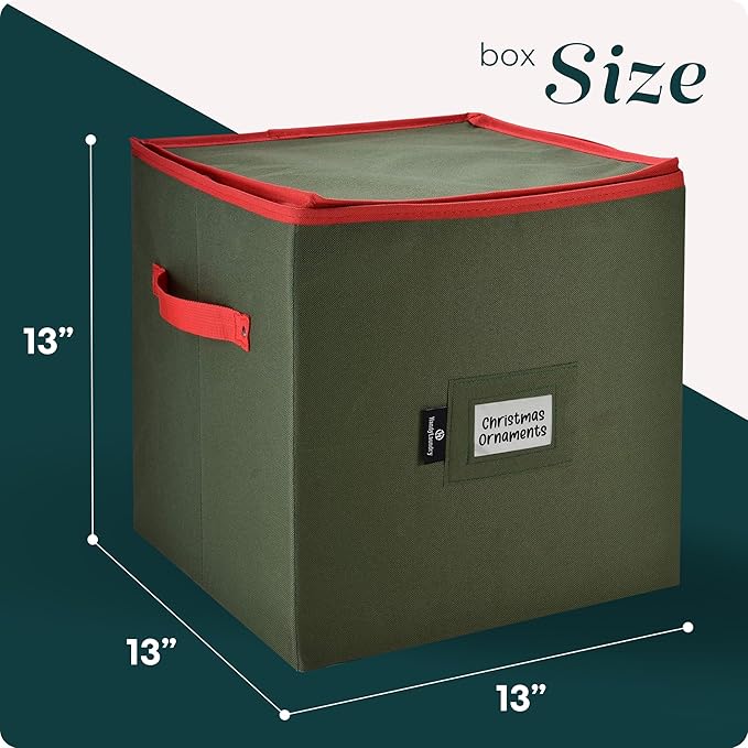 Handy Laundry, Christmas Ornament Storage, Stores up to 64 Holiday Ornament, Adjustable Dividers, Zippered Top, Two Handles Attractive Storage Box Keeps Decorations Clean & Dry for Next Season, Green