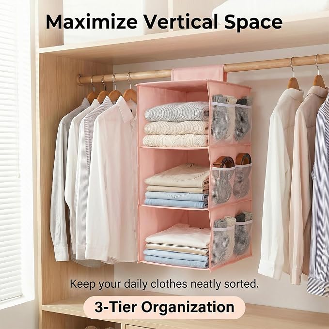 3-Shelf Closet Hanging Organizer Foldable Hanging Storage Shelves with Strong Magic Tapes Space-Saving Wardrobe Hanging Shelf for Clothes Towels Accessories Pink