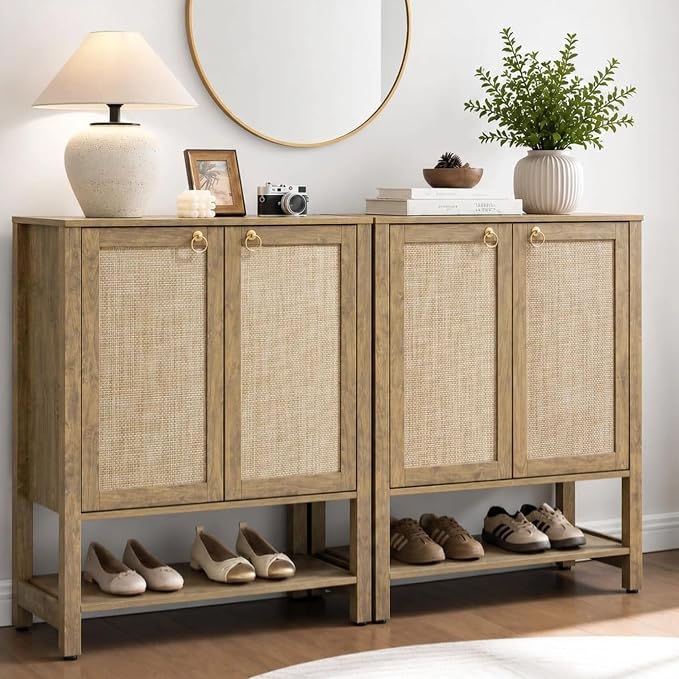 SICOTAS Shoe Storage Cabinet for Entryway - 5 Tier Rattan Entry Shoe Organizer Cabinet with Shelves & Doors, 2 Pieces Farmhouse Boho Shoe Rack for Hallway, Living Room, Closet (Carbon Cherry)
