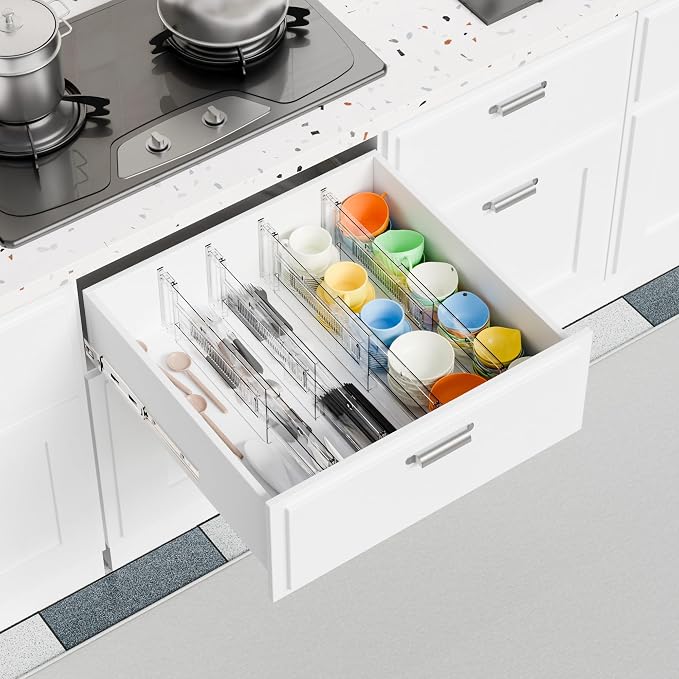 Yieach 12 Pack Clear Acrylic Drawer Divider 6 Inch High,Expandable from 14-20'',Adjustable Dresser Drawer Dividers for Baby Clothing,Underwear and Sock,Separators,Deep Drawer Separators for Kitchen