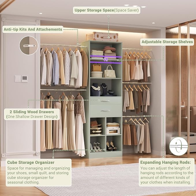 Besiost Closet System, 4-8 FT Closet Organizer Tower with 2 Wooden Drawers and 5 Hanging Rods, Can Fit 60 to 96 inch Walk-in Closet System, Crab Green