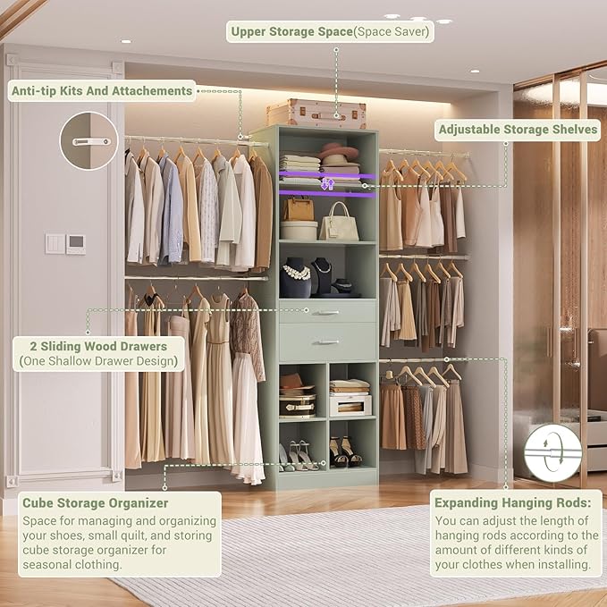 Besiost Closet System, 4-8 FT Closet Organizer Tower with 2 Wooden Drawers and Shelves, Can Fit 60 to 96 inch Walk-in Closet System with 5 Hang Rods, Built-in, Crab Green