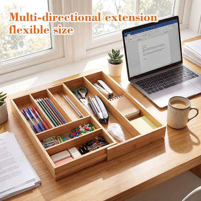 Briwooody Bamboo Sliding Desk Drawer Organizer 9'' up to 18'' x 15'' x 2'' Expandable Office Desk Accessories Supplies Tray with 7 Compartments for Pens, Notebooks, Rulers, and Makeup Jewelry Vanity
